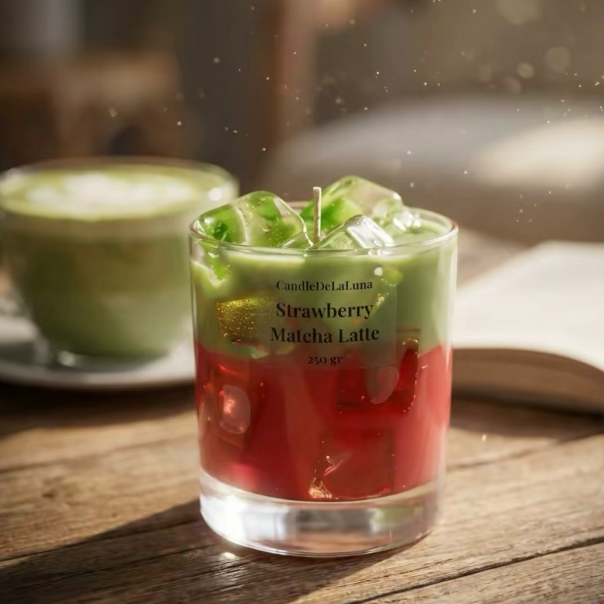 Eine dekorative Kerze in Form eines Strawberry Matcha Latte mit einer grünen oberen Schicht, einer roten unteren Schicht und Wachs-Eiswürfeln steht auf einem Holztisch, im Hintergrund ist eine verschwommene Tasse mit echtem Matcha Latte zu sehen.