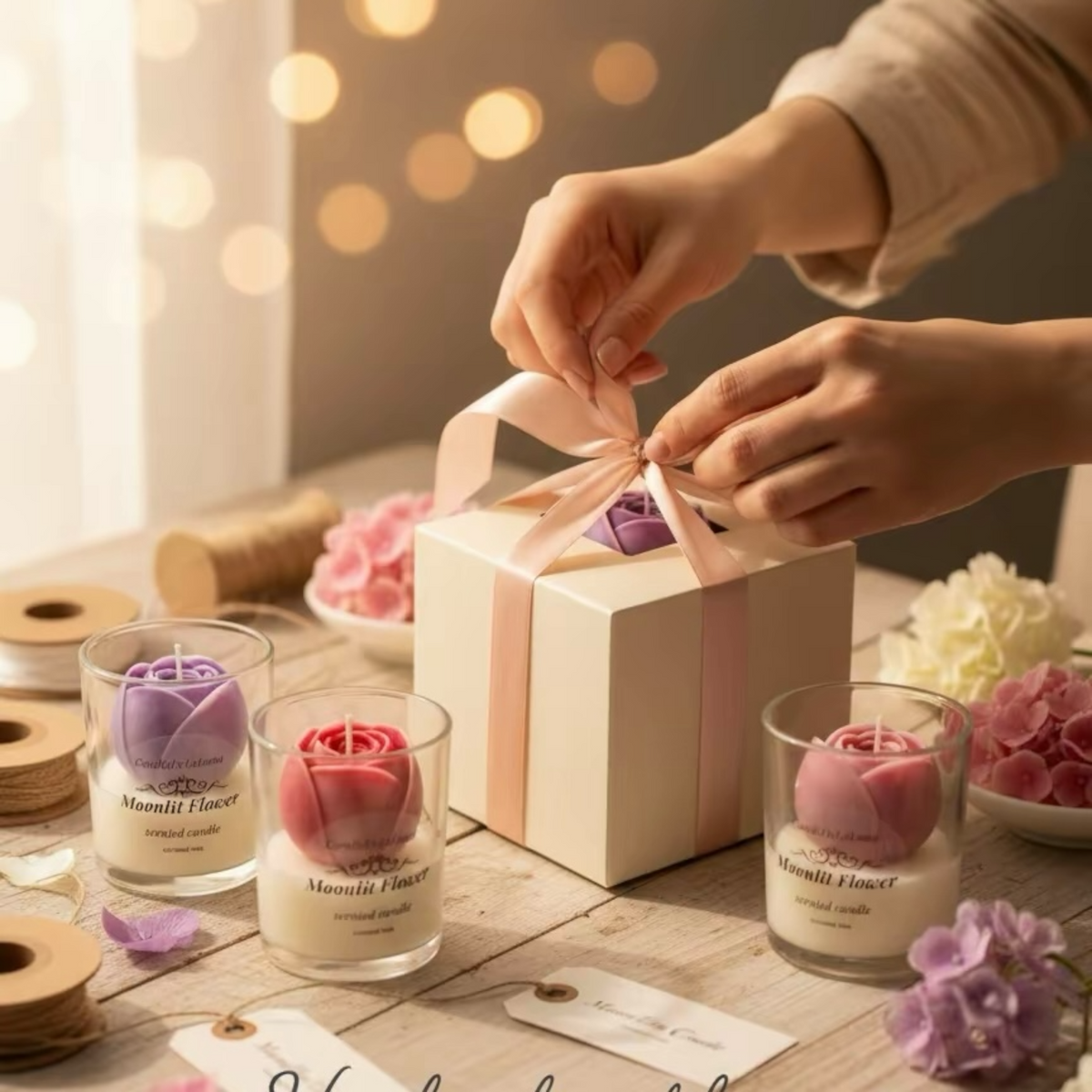 Blumenkerzen im Glas mit lila, roter und rosafarbener Rose neben einer Geschenkbox
