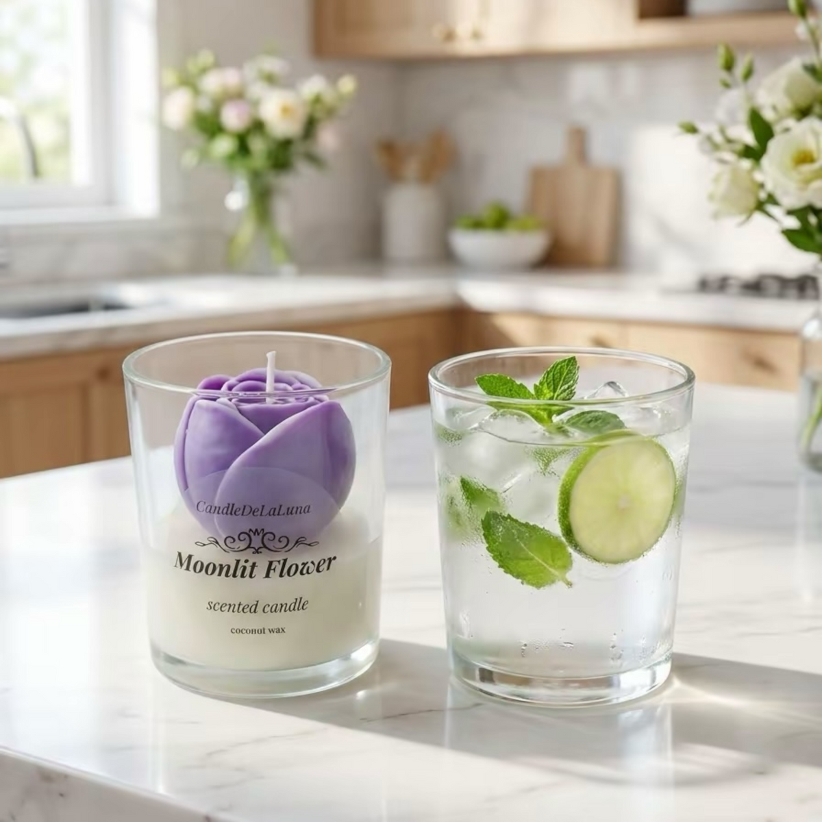 Blumenkerze mit lilafarbener Rose im Glas neben einem Trinkglas auf einer hellen Küchenarbeitsplatte
