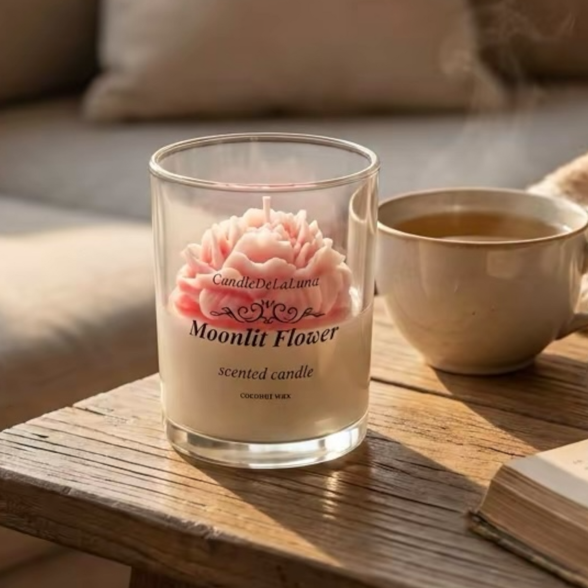 Kerze mit rosafarbener Pfingstrose im Glas auf einem Beistelltisch neben einer Tasse und einem Buch
