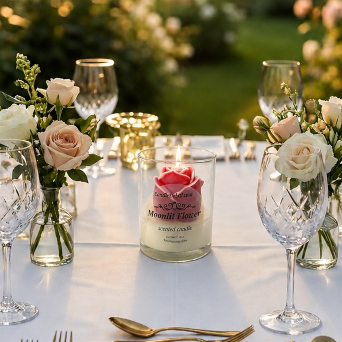 Brennende Kerze mit roter Rosenblüte im Glas als Dekoration auf einer gedeckten Tafel
