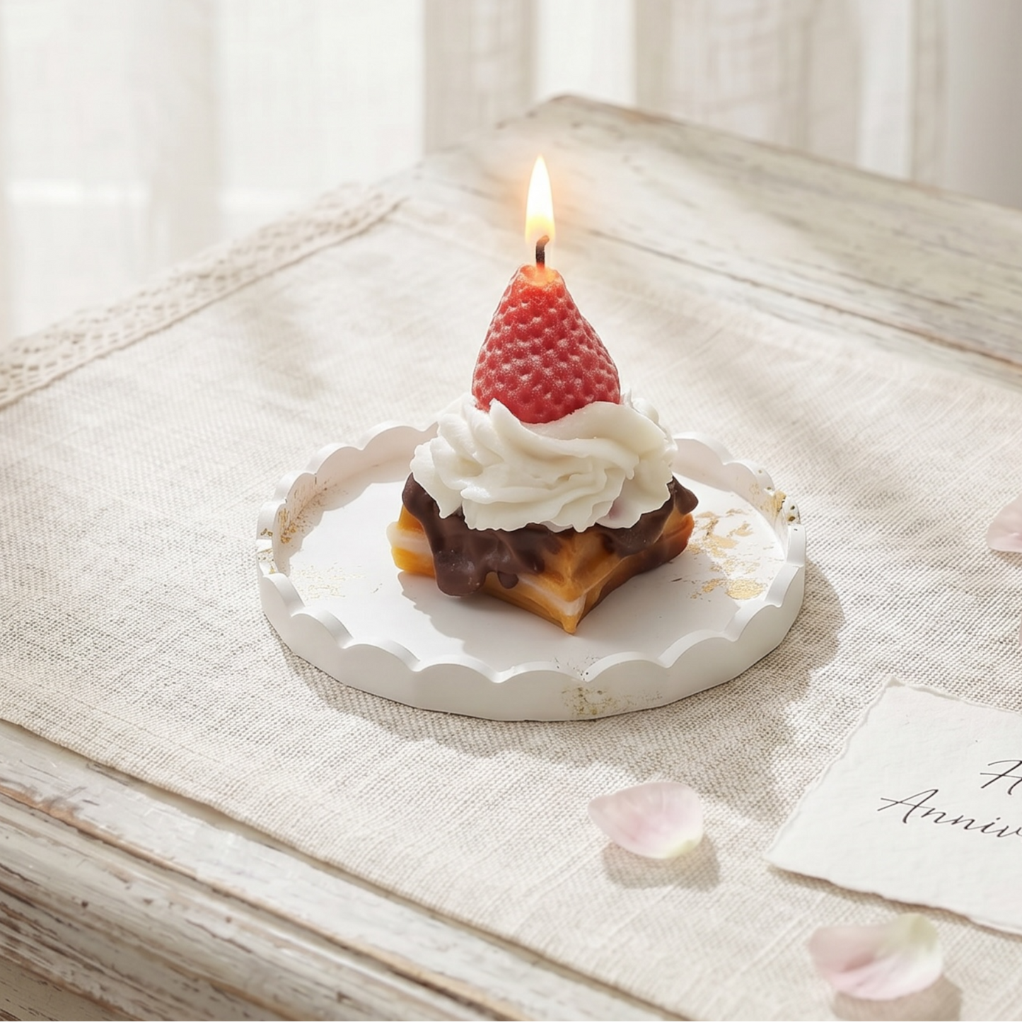Dessertkerze Erdbeere Waffeln – handgemachte Duftkerze im Torten-Design