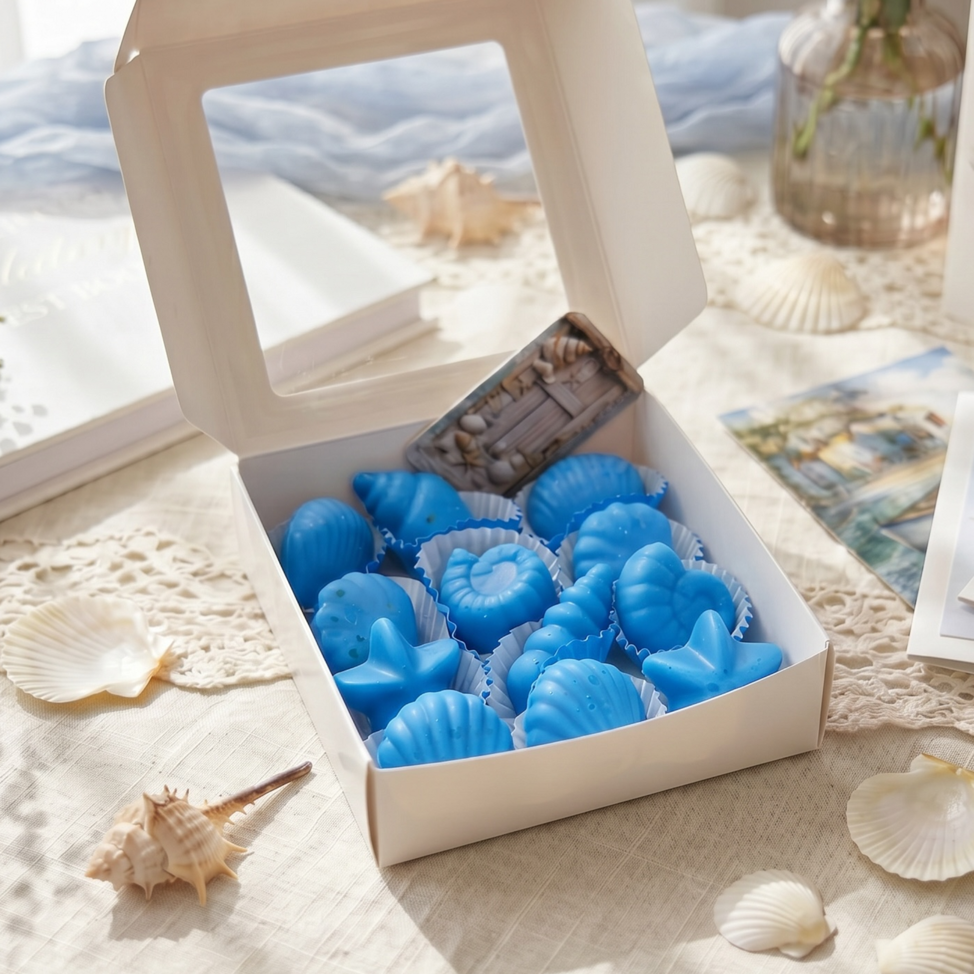Eine geöffnete weiße Geschenkbox mit Sichtfenster, gefüllt mit blauen Wachsschmelzen (Wax Melts) in maritimen Formen wie Muscheln und Seesternen, die in kleinen weißen Papierförmchen liegen, dekoriert mit echten Seemuscheln auf einer hellen Häkeldecke.