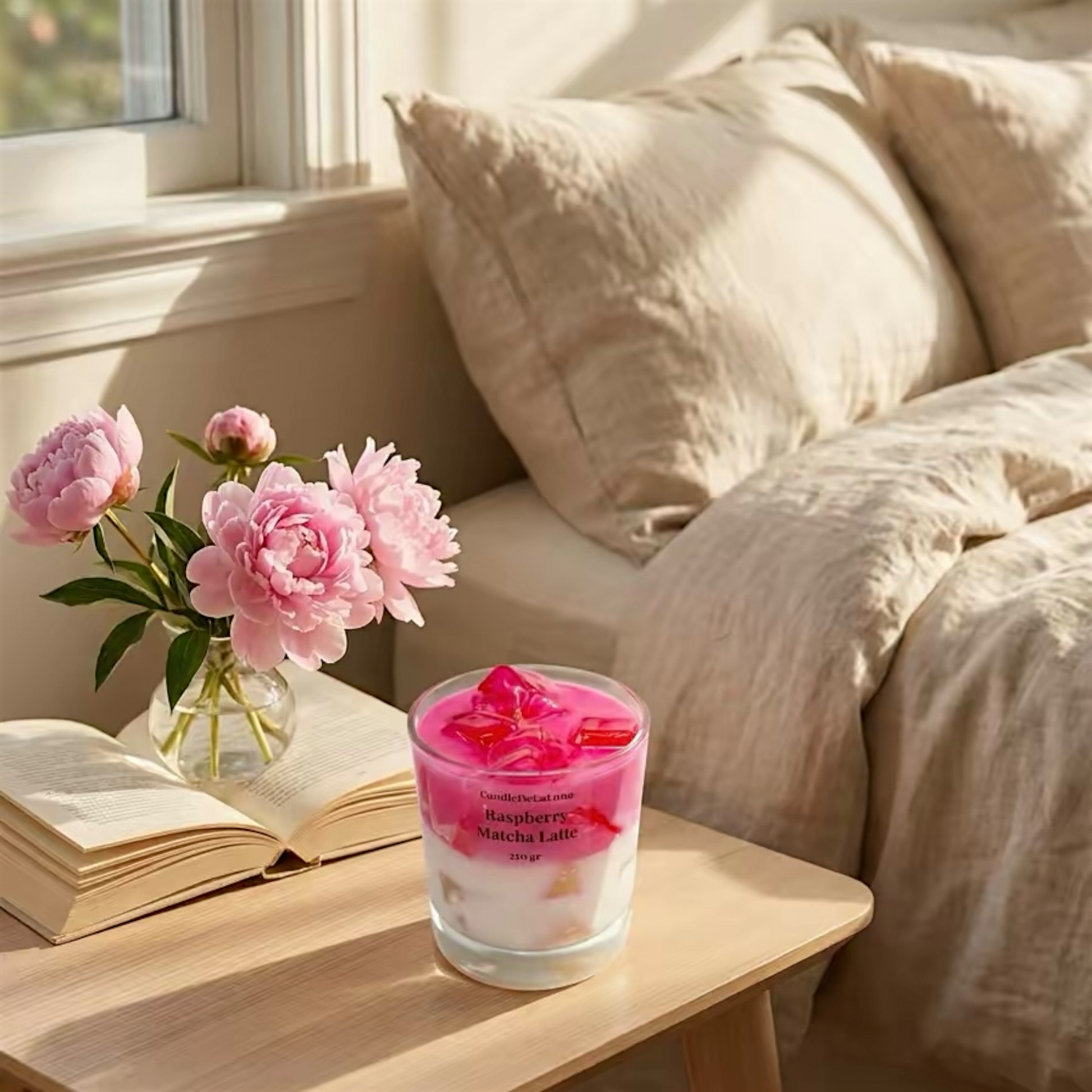 Eine dekorative Kerze in Form eines Raspberry Matcha Latte steht auf einem hölzernen Nachttisch neben einem aufgeschlagenen Buch und einer Vase mit rosa Pfingstrosen, im Hintergrund ist ein gemütlich gemachtes Bett mit beiger Bettwäsche zu sehen.