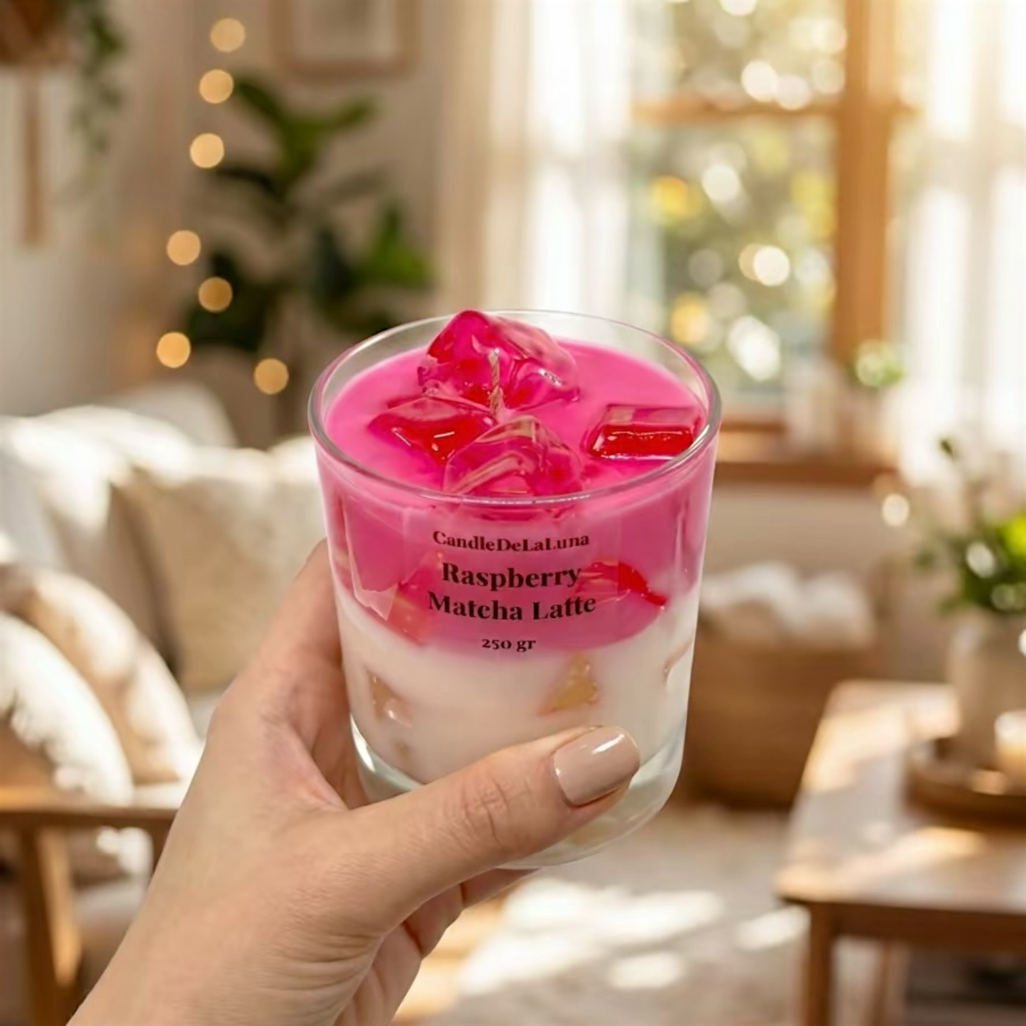 Eine Hand hält eine dekorative Kerze in einem transparenten Glas, die wie ein eisgekühltes Raspberry Matcha Latte Getränk gestaltet ist, mit einer oberen rosa Schicht und nachgebildeten Eiswürfeln aus Wachs vor einem hellen, gemütlichen Wohnzimmerhintergrund.