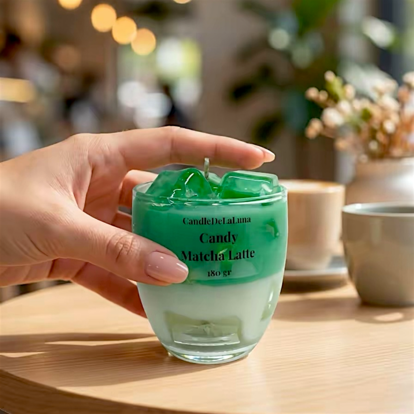 Eine Hand hält eine dekorative Kerze in einem abgerundeten Glas, die optisch einem geschichteten Candy Matcha Latte mit einer grünen oberen Schicht, einer weißen unteren Schicht und Wachs-Eiswürfeln ähnelt, platziert auf einem Holztisch im Café.