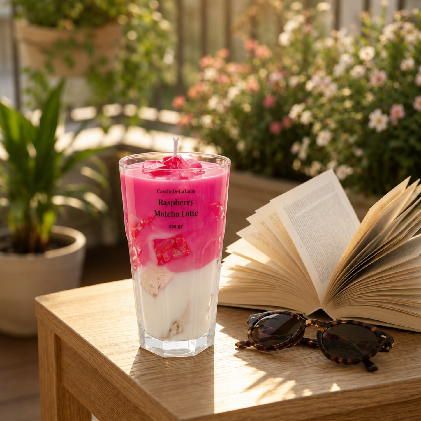 Eine dekorative Kerze in Form eines Raspberry Matcha Latte steht in einem hohen, facettierten Glas auf einem Holztisch neben einer Sonnenbrille und einem aufgeschlagenen Buch, im Hintergrund befindet sich ein gemütlicher Balkon mit grünen Pflanzen und blühenden Blumen im warmen Sonnenlicht.