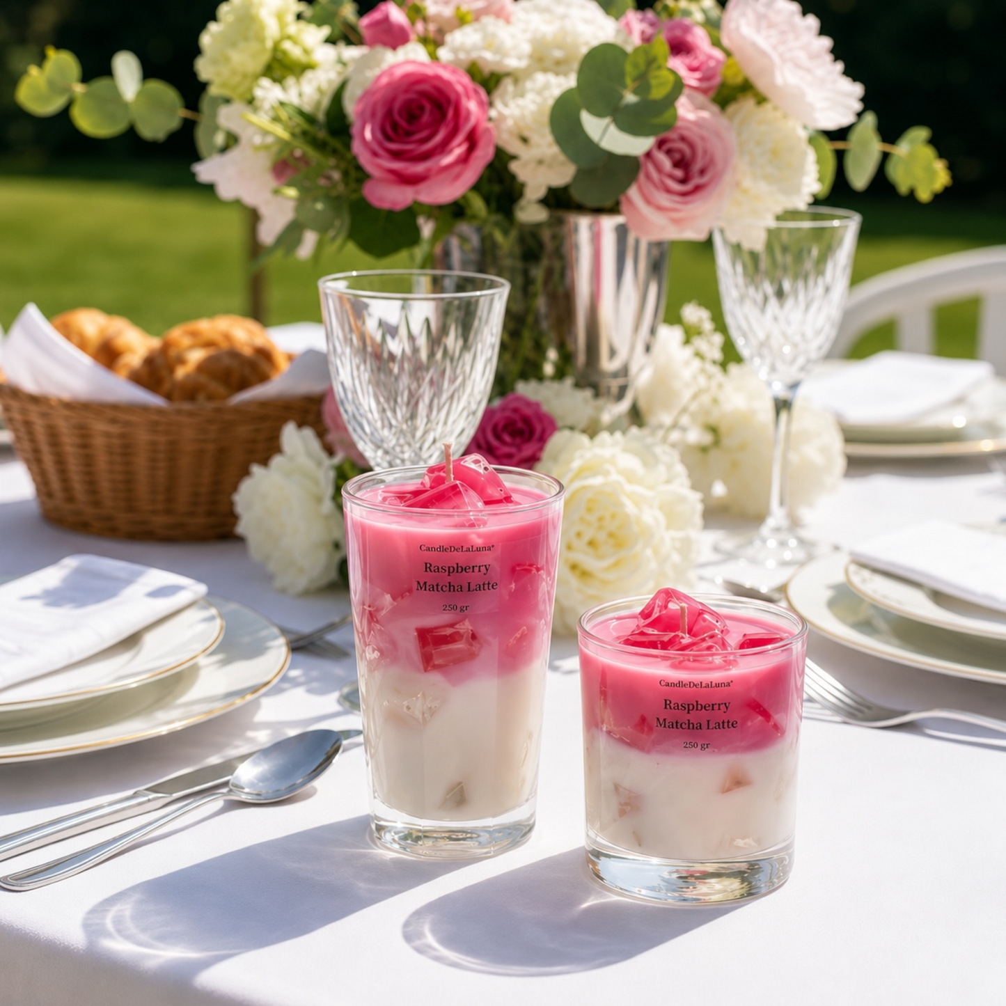 Zwei dekorative Kerzen in Form eines Raspberry Matcha Latte stehen auf einem festlich gedeckten Tisch im Freien, umgeben von einem großen Blumenstrauß mit rosa Rosen, Kristallgläsern und einem Brotkorb.