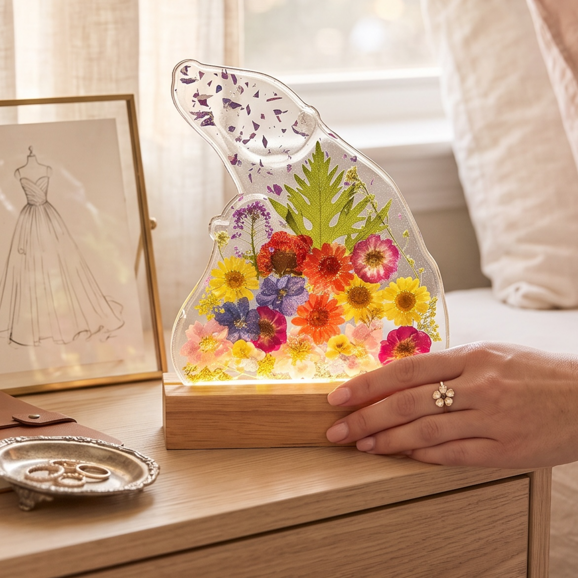 Ein bärenförmiges Epoxidharz-Nachtlicht mit bunten Trockenblumen leuchtet warm auf einem Nachttisch, während eine Hand mit einem Blumenring den Sockel berührt, neben einem gerahmten Kleid-Schnittmuster und einer kleinen Schmuckschale.