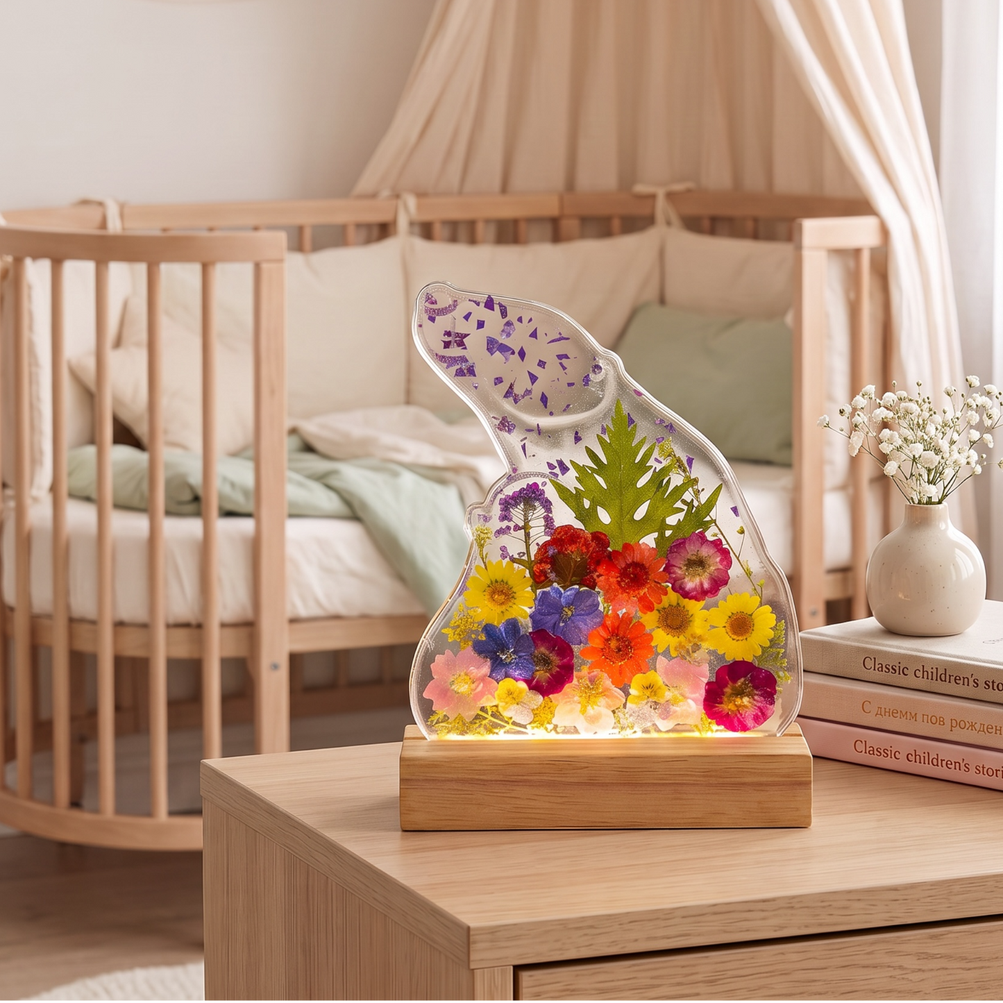 Ein dekoratives Epoxidharz-Nachtlicht in Form eines Bärenkopfes, gefüllt mit bunten Trockenblumen, leuchtet auf einer Holzkommode im gemütlichen Kinderzimmer vor einem Holzgitterbett.