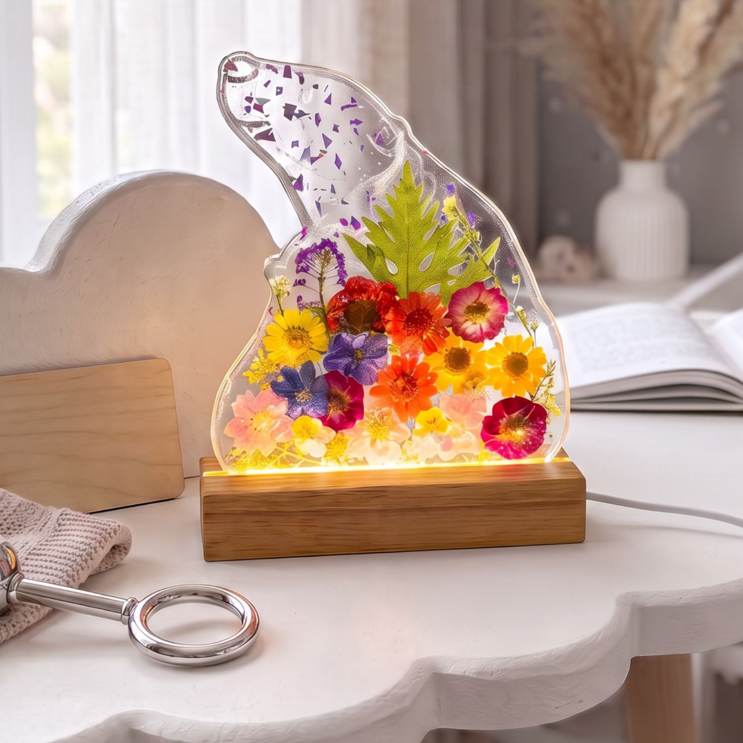 Ein dekoratives Nachtlicht aus Epoxidharz in Form eines Bären- oder Hundekopfes, gefüllt mit bunten, gepressten Trockenblumen, leuchtet warm auf einem Holzsockel auf einem weißen Kindertisch.
