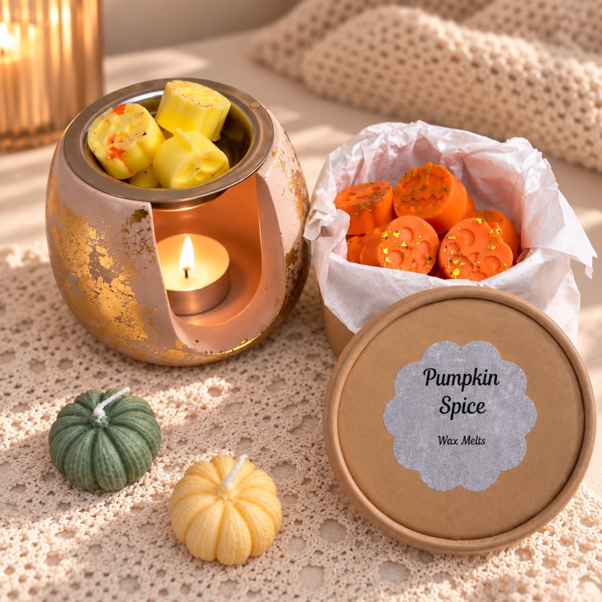 Halloween Wax Melts Kürbis orange mit goldener Gips-Duftlampe – Duftwachs Pumpkin Spice aus Sojawachs, handgefertigte Herbst Deko von DaarArt
