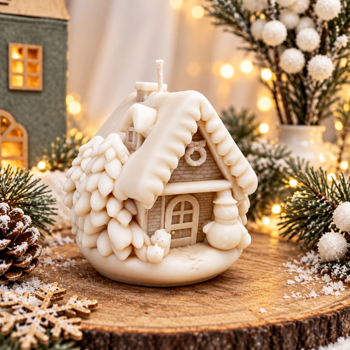 Weiß-beige Lebkuchenhaus Kerze mit Schneemann und Türkranz auf einer Holzscheibe mit Tannenzweigen und Zapfen
