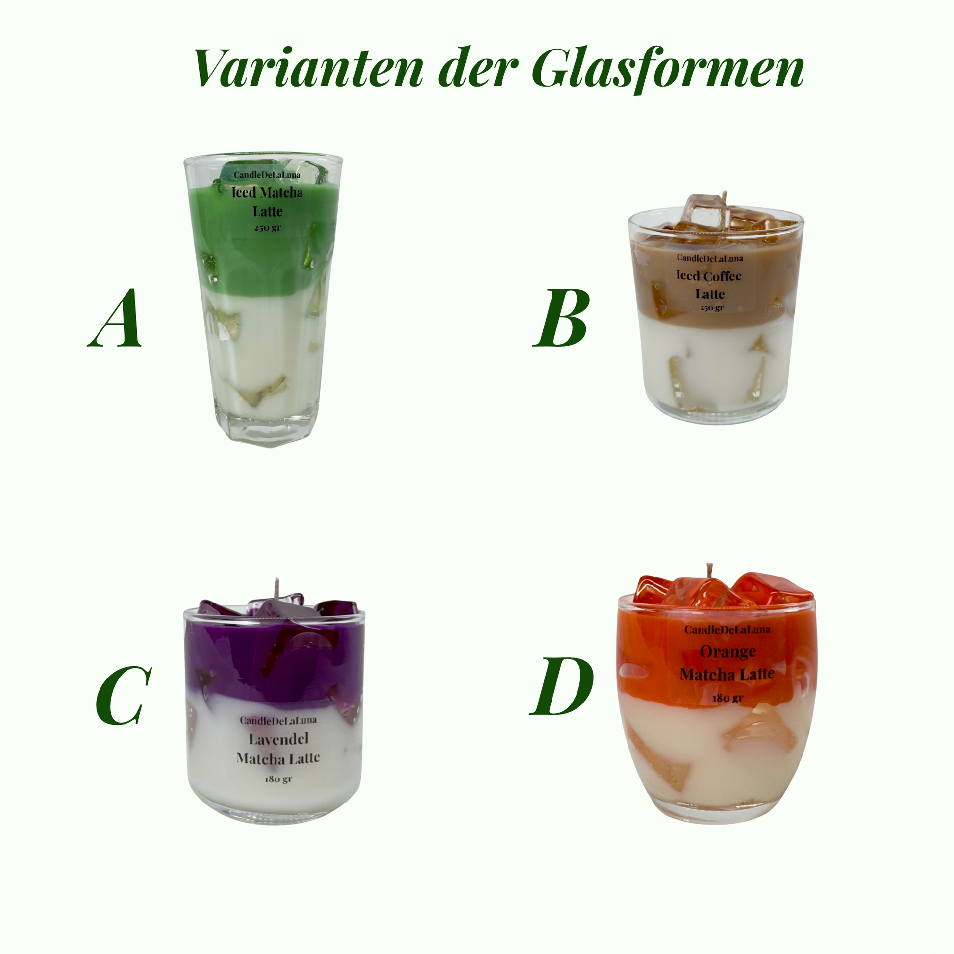 Eine Produktgrafik mit der Überschrift „Varianten der Glasformen“ zeigt vier verschiedene handgemachte Kerzen in Form von Eiskaffee-Getränken, beschriftet mit den Buchstaben A (hohes, facettiertes Glas), B (niedriges, zylindrisches Glas), C (breites, rundes Glas) und D (bauchiges Glas) auf weißem Hintergrund.